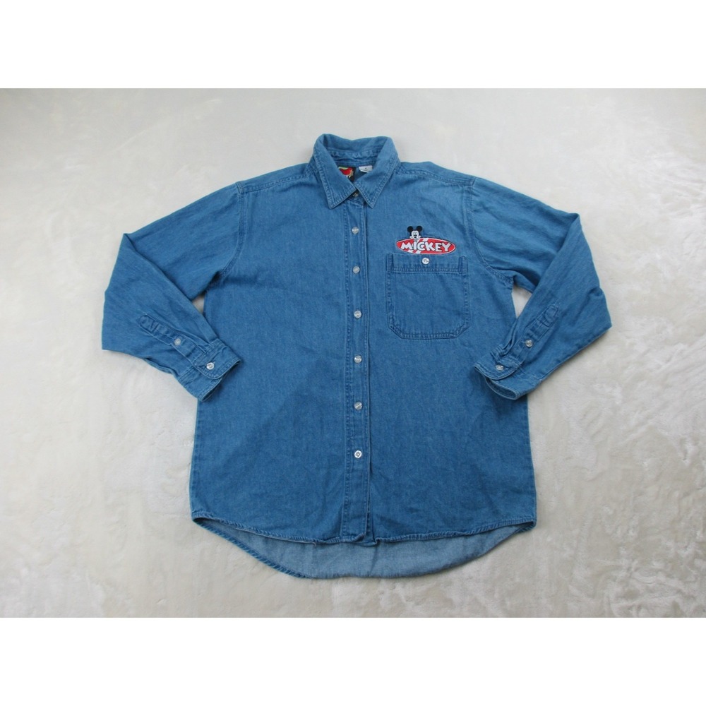 Mickey Unlimited Shirt Womens Small Blue Jerry Leigh Mickey Mouse Button Up‎